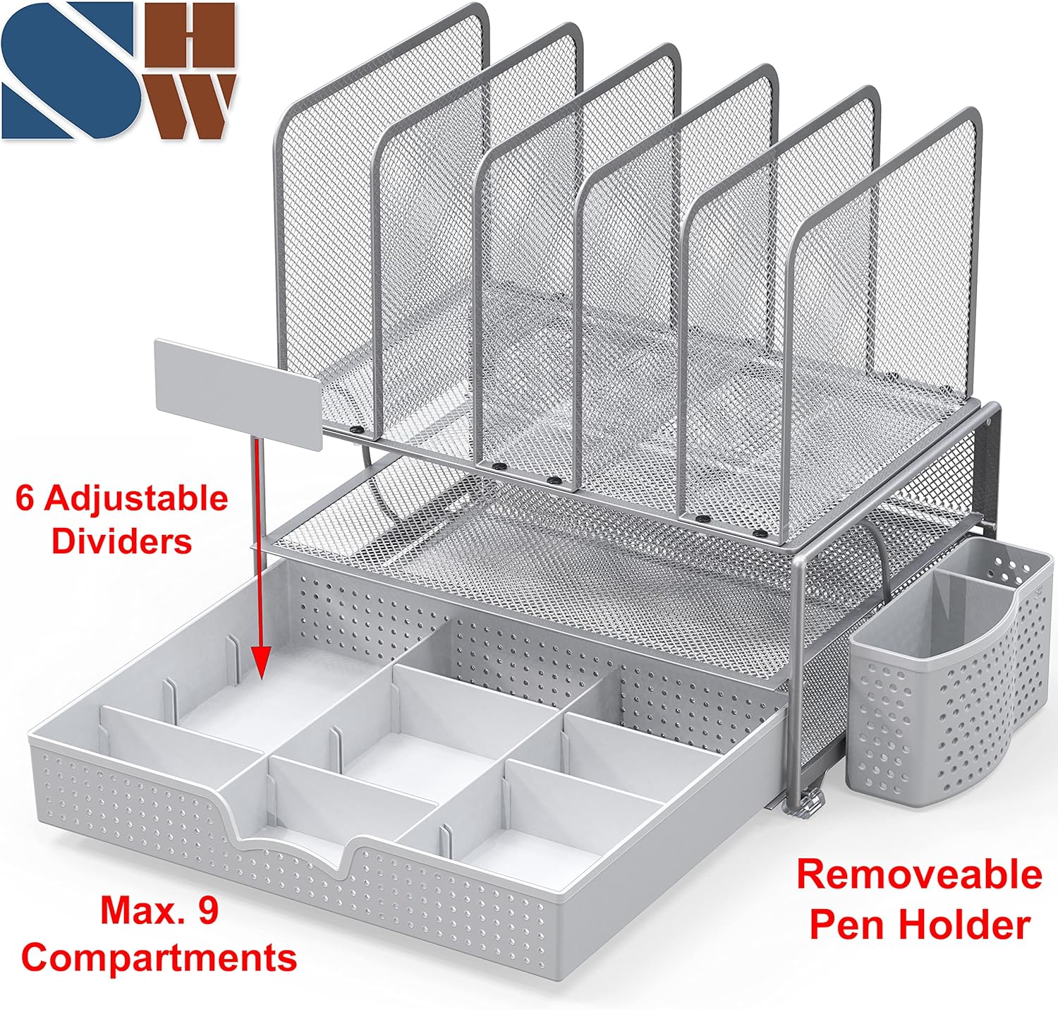 SimpleHouseware Mesh Desk Organizer with Sliding Drawer, Double Tray and 5 Upright Sections, Black - Image 3